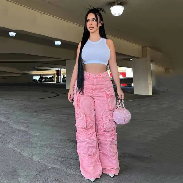 Baggy Wide Leg Denim Pants Women's Jeans Zipper Fly High Rise Cargo Jeans  With Pocket - Image 4