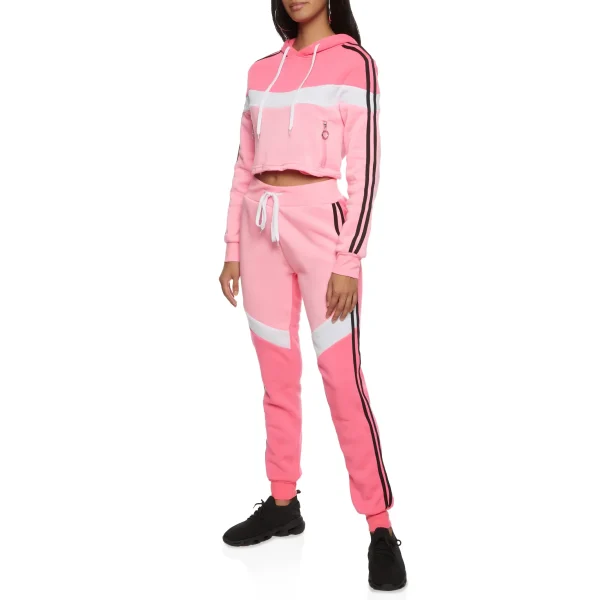 Block Varsity Stripe Cropped Long Sleeve Hoodie Stripe Drawstring Joggers 2 Pieces Set Tracksuit for Women