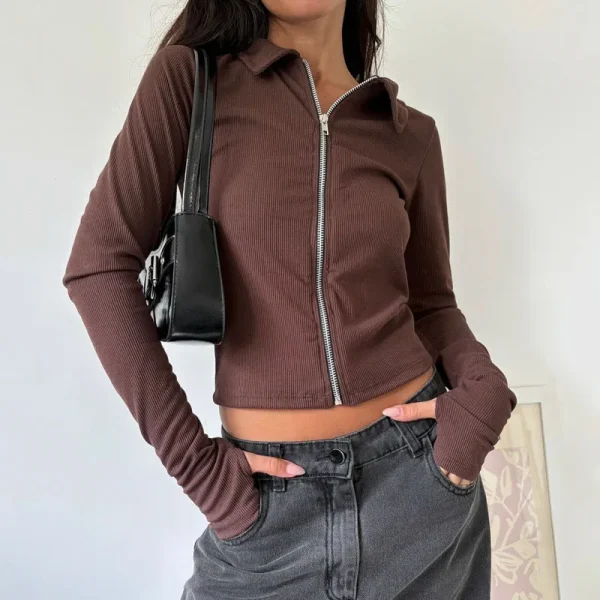 Womens Long Sleeve Rib Knit Top Stand Collar Zipper Slim Fitted Casual T-Shirts with Thumb Hole - Image 4