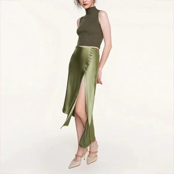 Women Casual High Quality Sexy Satin Side Slit Asymmetric Wrap Midi Skirt - Image 3