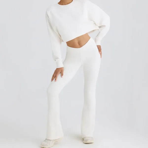 Two Piece Set Women Clothing Casual Gym Sportswear Outfits Cotton Cut Out Crop Crewneck Sweatshirt and Wide Leg Pants Matching