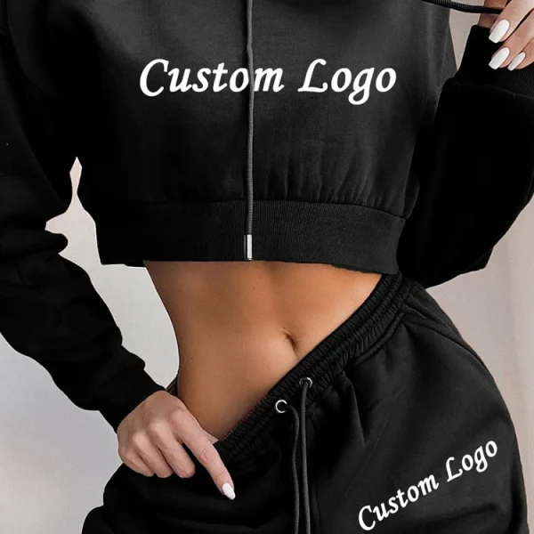 High Quality Gym Cotton Fleece Crop Top Jogging Suits Sweatpants and Hoodie Women Sweatsuit Tracksuit 2 Piece Set - Image 3