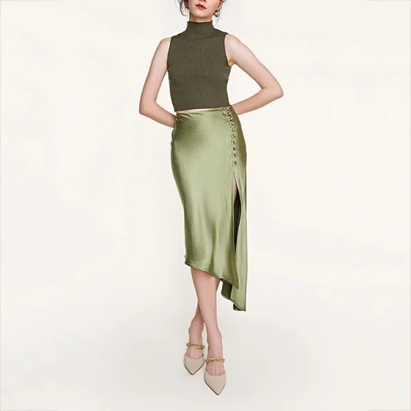 Women Casual High Quality Sexy Satin Side Slit Asymmetric Wrap Midi Skirt - Image 4