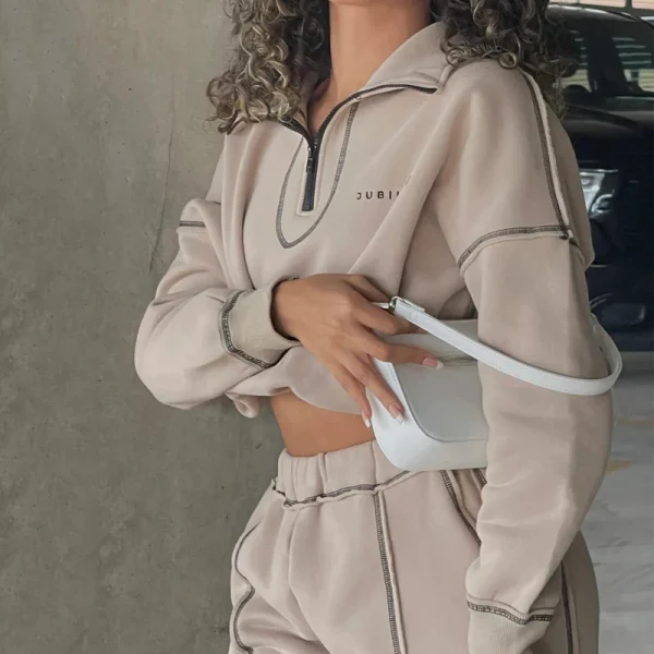 Boutique Womens Streetwear Inverted Stitching Half Zipper Pullover Sweatpants Two Piece Set Women Clothing - Image 3