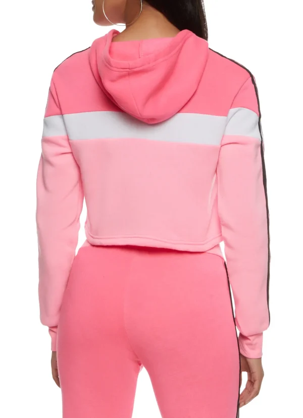 Block Varsity Stripe Cropped Long Sleeve Hoodie Stripe Drawstring Joggers 2 Pieces Set Tracksuit for Women - Image 3