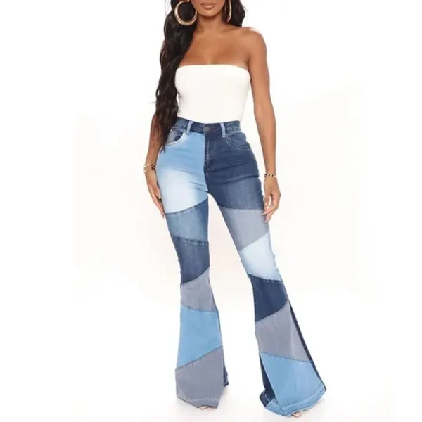 2025 Autumn and Winter Fashion Casual Women's Street Retro Splicing Flared High Waist High Elasticity Elegant Ladies Jeans Blue