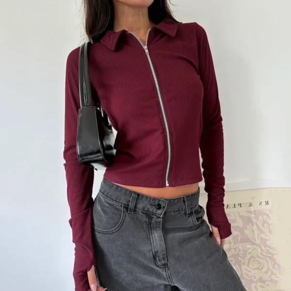 Womens Long Sleeve Rib Knit Top Stand Collar Zipper Slim Fitted Casual T-Shirts with Thumb Hole - Image 3