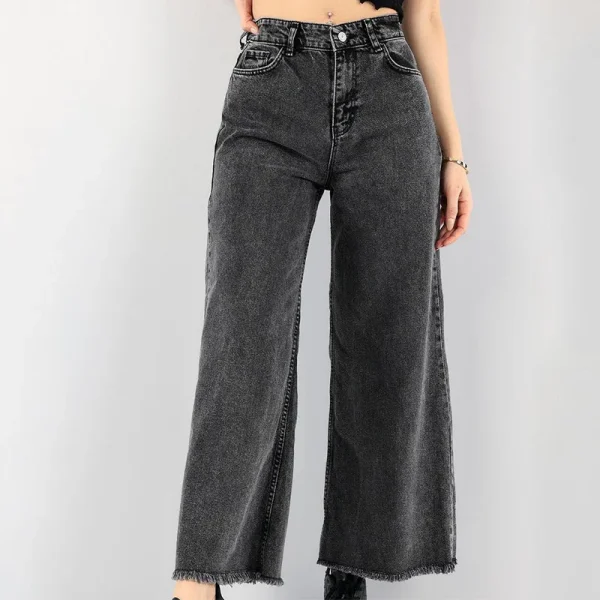Ladies Denim Jeans Trousers High Waisted Raw Hem Straight Legs Black Baggy Jeans for Women