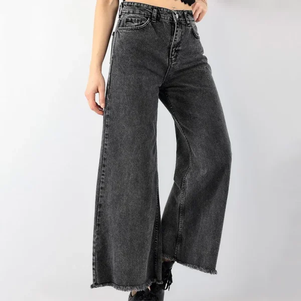 Ladies Denim Jeans Trousers High Waisted Raw Hem Straight Legs Black Baggy Jeans for Women - Image 2