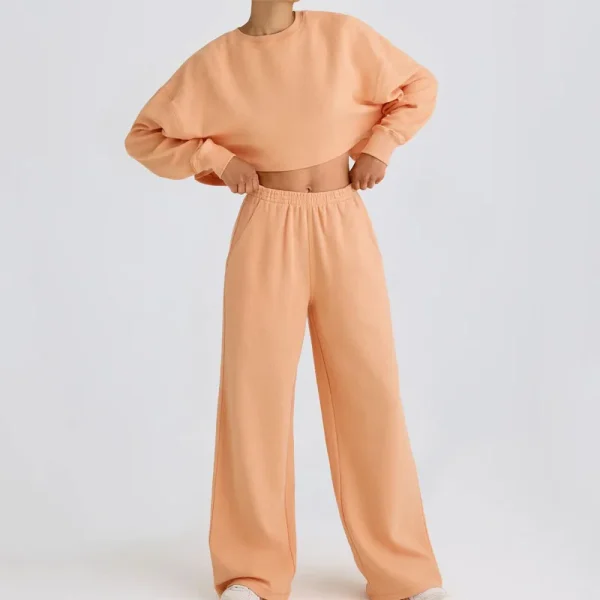 Two Piece Set Women Clothing Casual Gym Sportswear Outfits Cotton Cut Out Crop Crewneck Sweatshirt and Wide Leg Pants Matching - Image 4