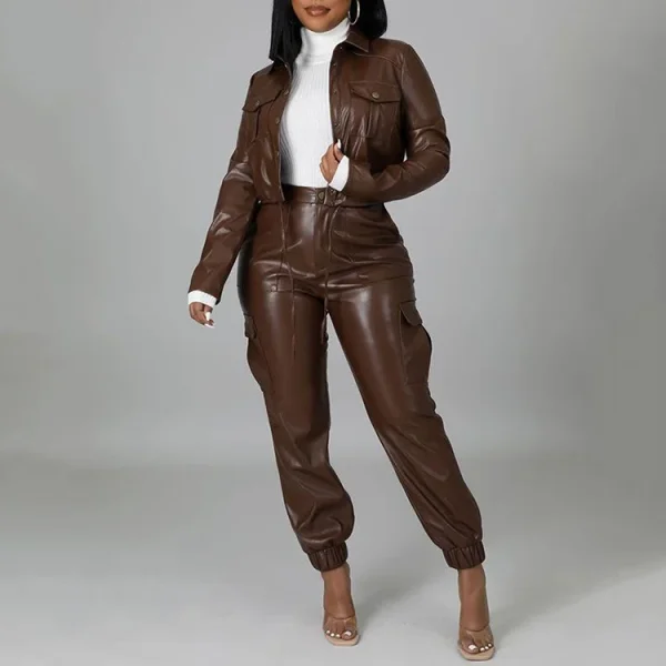 Women Fashion Pu Leather Jacket Set Long Sleeve Jacket Tops Pants Two Piece Outfits Set - Image 4