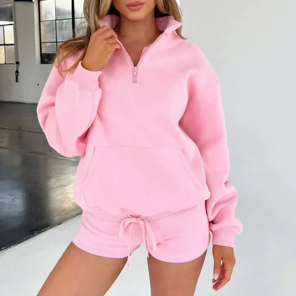 Women Sweatsuit Set Sports Fitness Gym Casual 2 Piece Outfit Long Sleeveless Half Zipper Mock Neck Sweatshirt and Shorts - Image 6