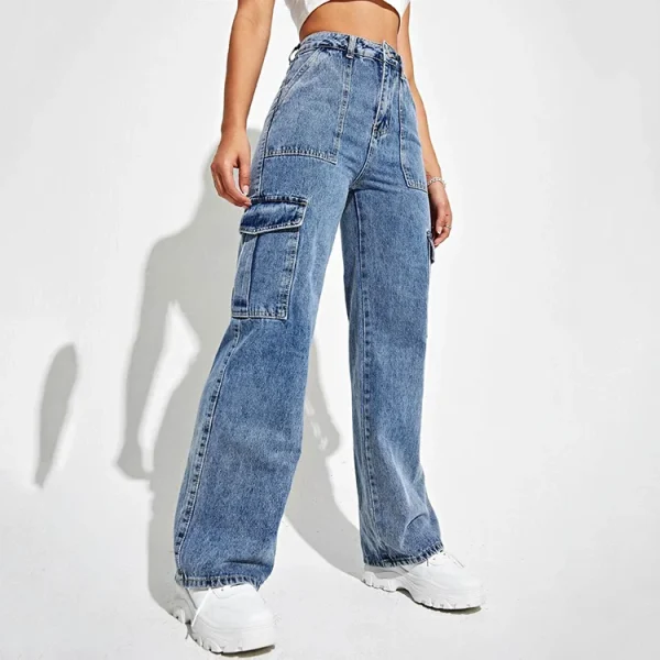 High Waisted Flap Pocket Straight Legs Streetwear Cargo Jeans for Women - Image 5