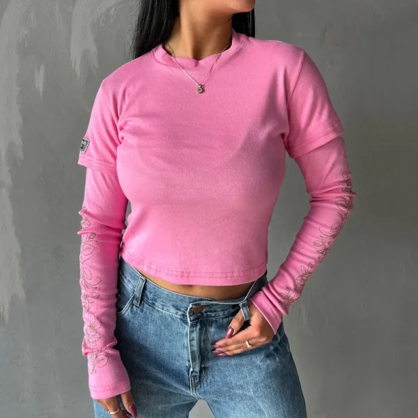 Women's Summer Streetwear Printing Top Casual Basic Shirts Double Layer Long Sleeve Crop T-shirt - Image 4