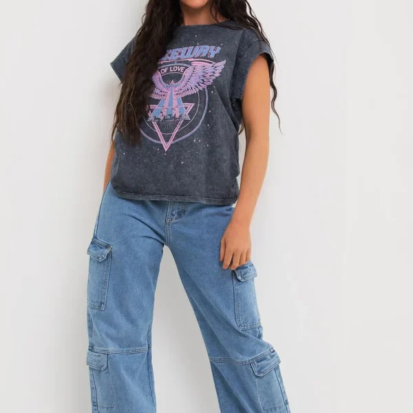 Acid Wash T Shirt With Print Washed Grey Short Sleeve Block Tee for Women