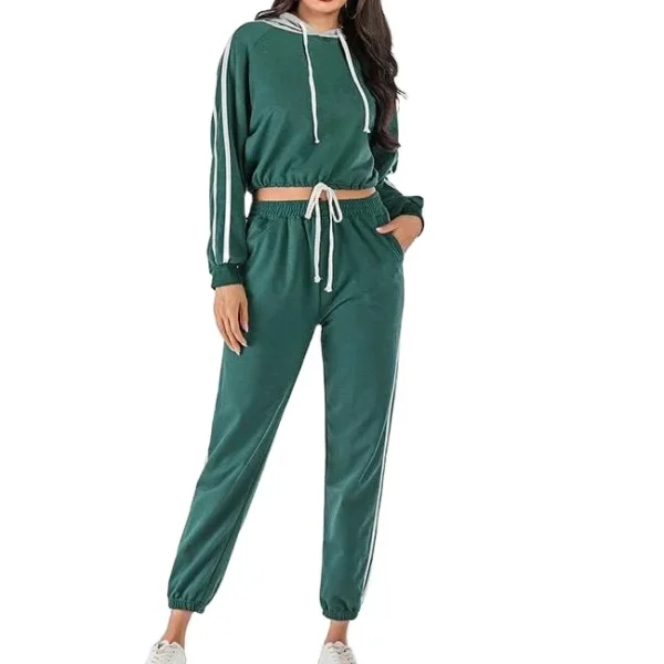 Hooded Sportswear Suit for Women Pullover With Adjustable Drawstring Jogger Pant With Side Stripes Tracksuit for Women
