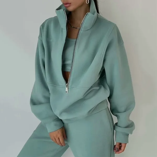 Designer Women Sweat Suit Tracksuit Half Zip Fleece Stand Collar Sweatshirt Jogger Pants Two Piece Set - Image 3
