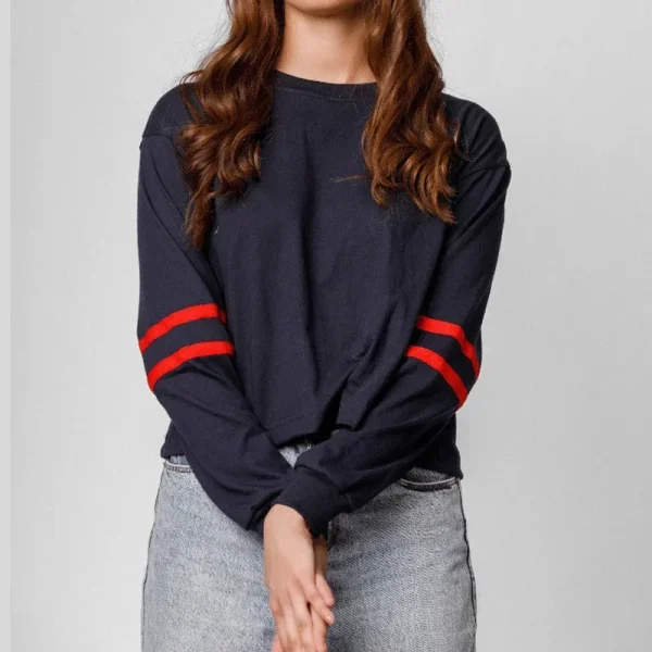 Women Long Sleeve Stripe Crop Tops Loose Crew Neck Cropped T-Shirts Drop Shoulder Casual Basic Tees
