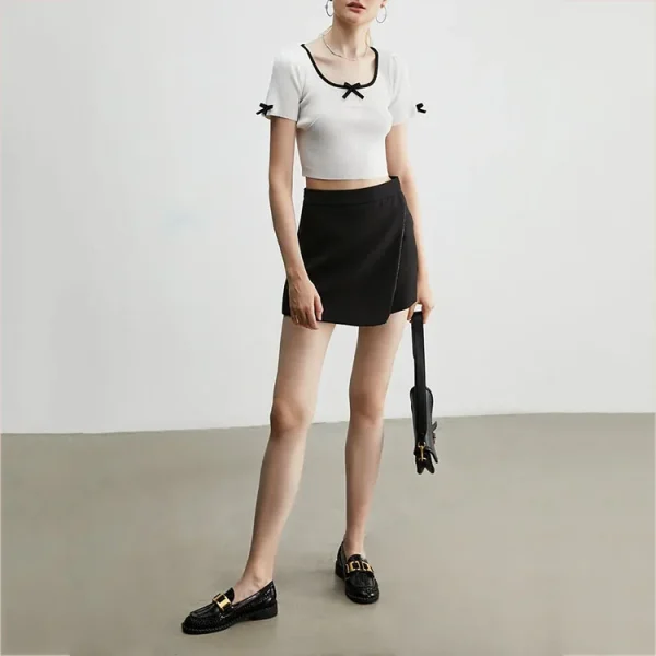 Women Casual High Quality Bow Obsession White Ribbed Cropped Top T Shirt - Image 4