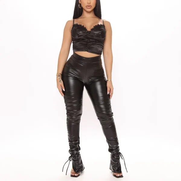 Women PU Leather Fashion Sexy Pleat Heat Wave Faux Stacked Pants  High Waist Elastic Pencil Pants - Image 3
