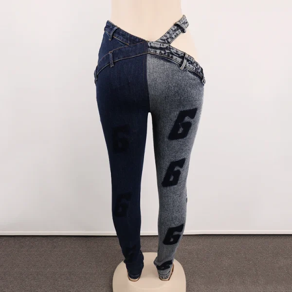 Women Designer Casual Two-tone Skinny Washed Letter Hollow Denim Jeans Trousers - Image 2