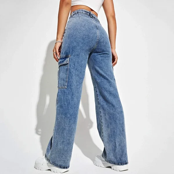 High Waisted Flap Pocket Straight Legs Streetwear Cargo Jeans for Women - Image 2