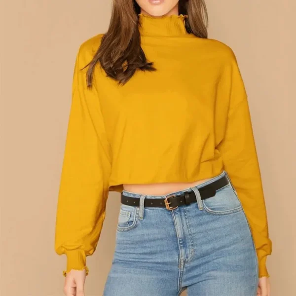 Womens Cotton Casual Crop Tops Long Sleeve  Blank Mock Neck T Shirts - Image 4