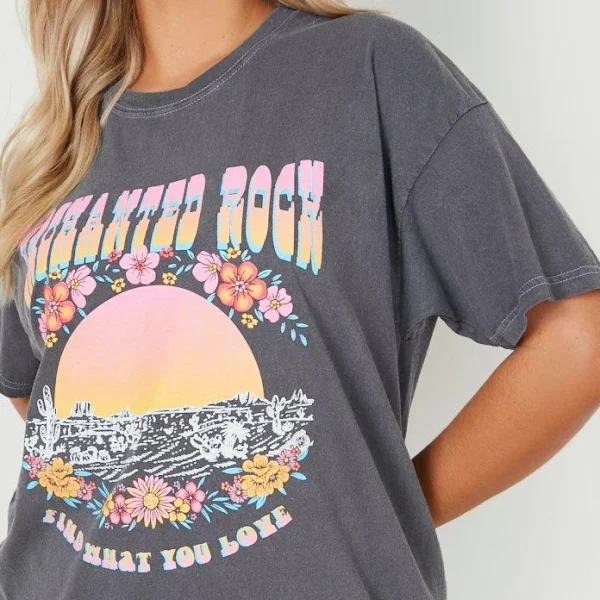 Women's Tee Puff Print Graphic T-shirt Acid Wash Oversized Women's T-shirt Casual Top - Image 4