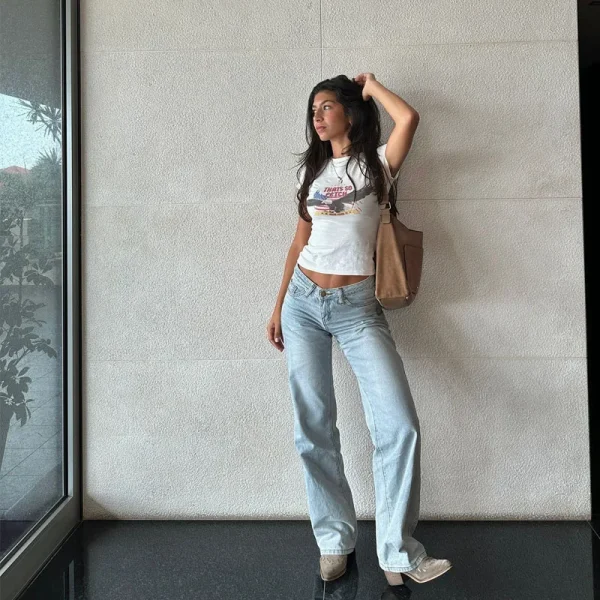 Womens Jeans Pants Y2K Women's Low Rise Baggy Wide Leg Straight Legs Jeans - Image 5