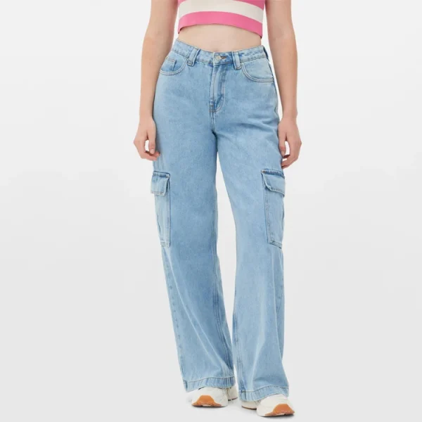 Women Zipper Fly Wide Leg Cargo Jeans Vintage Denim Jeans