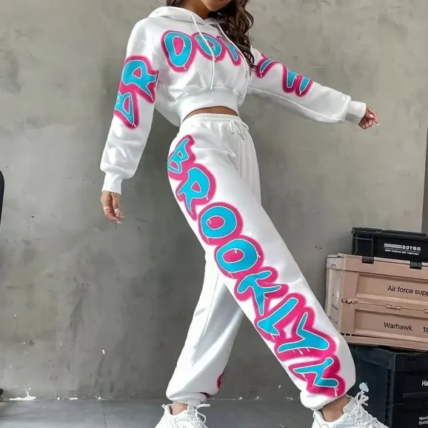 Women 2 Piece Outfits Tracksuit 100% Cotton Sweatsuit Sets Crop Zip up Hoodie and Patchwork Sweatpants Matching - Image 2