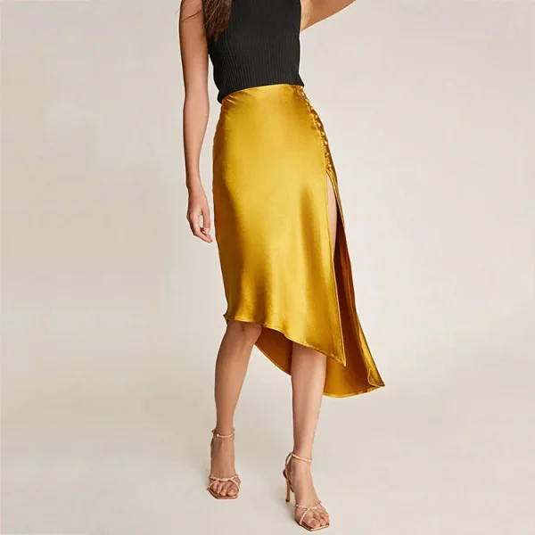 Women Casual High Quality Satin Button Side Asymmetric Midi Skirt - Image 3