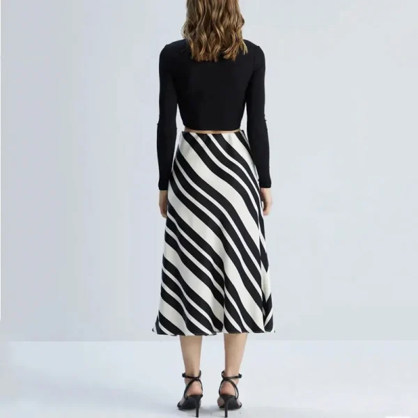 Women's Casual Summer High Waisted a Line Stripes Ruffled Striped Midi Satin Skirt - Image 2