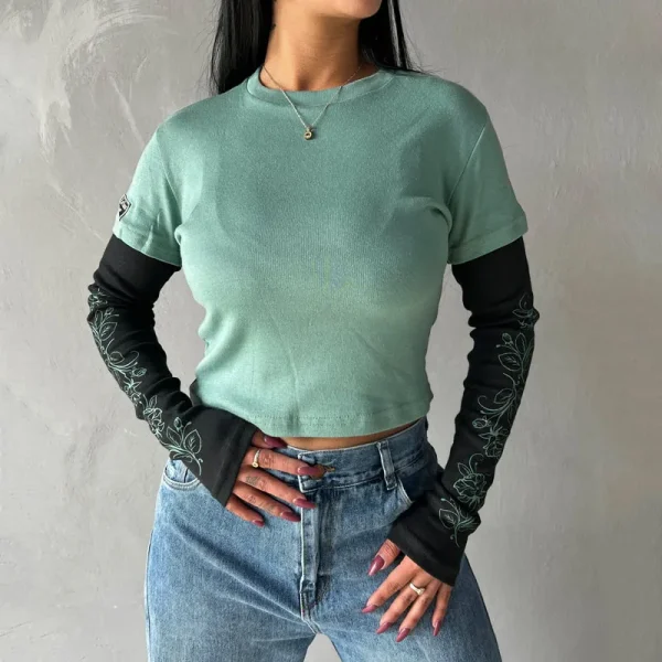 Women's Summer Streetwear Printing Top Casual Basic Shirts Double Layer Long Sleeve Crop T-shirt - Image 6