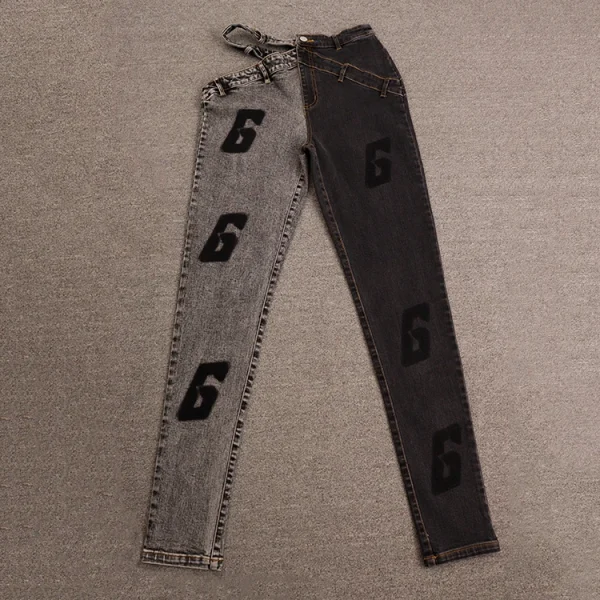 Women Designer Casual Two-tone Skinny Washed Letter Hollow Denim Jeans Trousers - Image 6