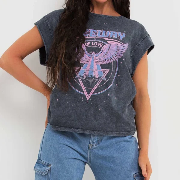 Acid Wash T Shirt With Print Washed Grey Short Sleeve Block Tee for Women - Image 4