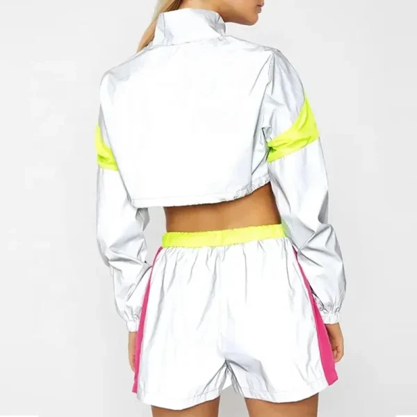 Women's Color Block Reflective Tracksuits Streetwear Sport Zipper-up Sweat Short Suits - Image 2