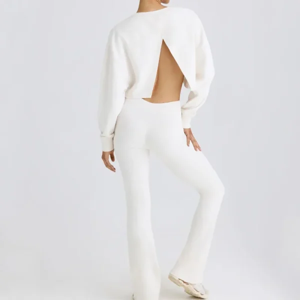 Two Piece Set Women Clothing Casual Gym Sportswear Outfits Cotton Cut Out Crop Crewneck Sweatshirt and Wide Leg Pants Matching - Image 2