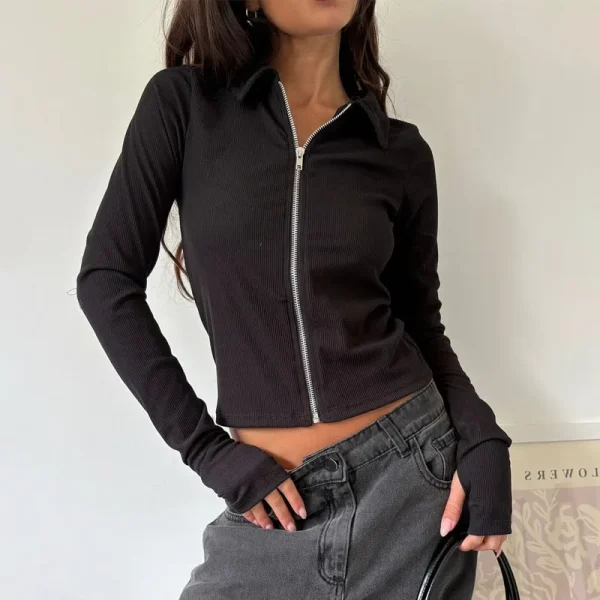 Womens Long Sleeve Rib Knit Top Stand Collar Zipper Slim Fitted Casual T-Shirts with Thumb Hole - Image 5