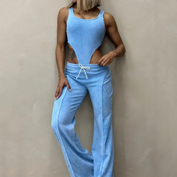 Women Clothing Summer Sexy Casual Sleeveless 2 Piece Sets Cotton Acid Wash Bodysuit and Sweatpants Outfits - Image 4