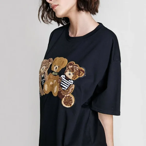Heavyweight Drop Shoulder Vintage Loose Oversized T Shirt White Teddy Bear Embroidered T-Shirt - Image 3