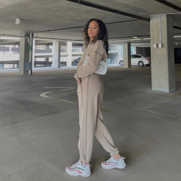 Boutique Womens Streetwear Inverted Stitching Half Zipper Pullover Sweatpants Two Piece Set Women Clothing - Image 2
