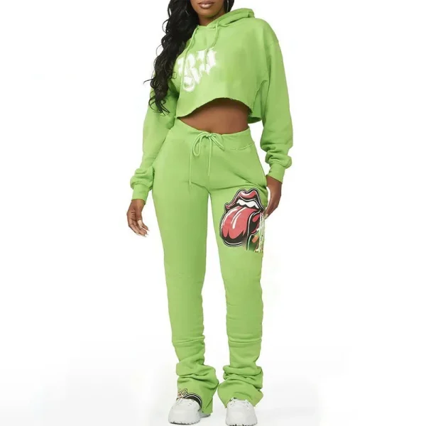 Womens Streetwear Tracksuit Cotton Graphic Printing Crop Hoodie and Stacked Sweatpants 2 Piece Outfits - Image 2