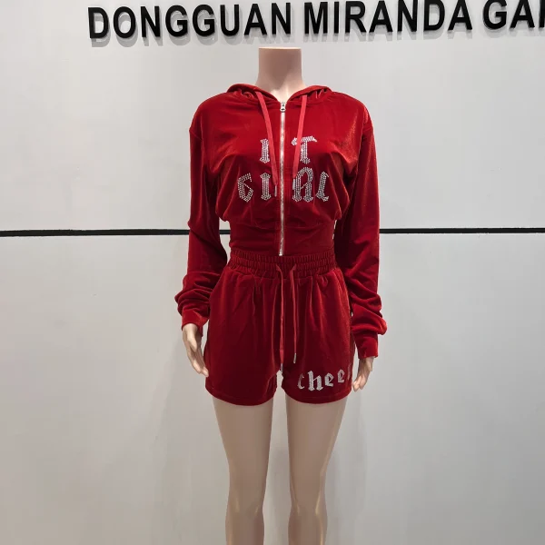 Women Set Rhinestone Embroidery Crop Zip Hoodie and Shorts Sweatpants Velvet Sweatsuit Big Bling Velour Tracksuit - Image 2