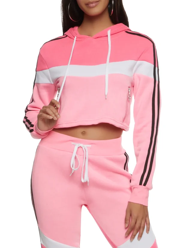 Block Varsity Stripe Cropped Long Sleeve Hoodie Stripe Drawstring Joggers 2 Pieces Set Tracksuit for Women - Image 2