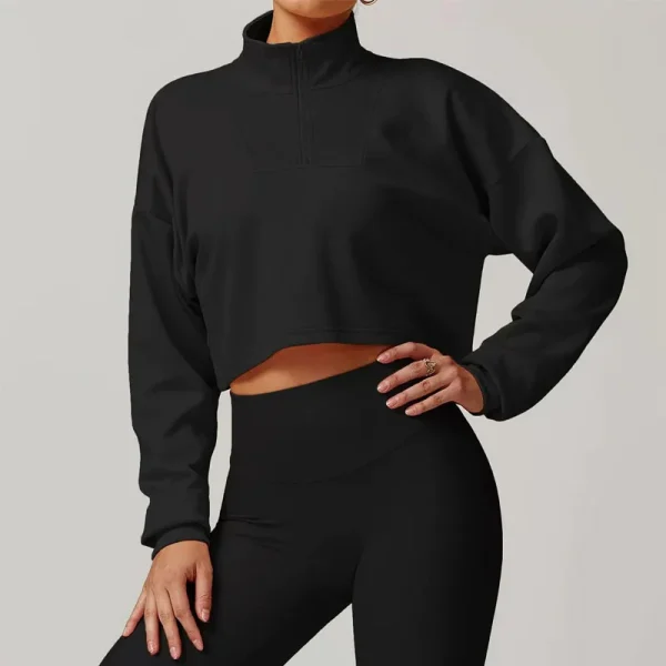 Breathable Cotton Women's Fitness Sportswear Crop Tops Long Sleeves Turtleneck Half Zip Crop Sweatshirts - Image 5