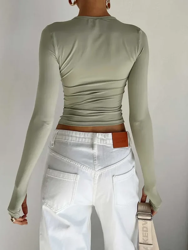 Women's Long Sleeve T-Shirt Crew Neck Solid Slim Fit Crop Top With Thumb Holes Streetwear - Image 5