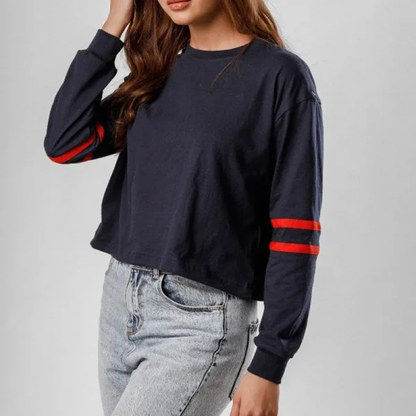 Women Long Sleeve Stripe Crop Tops Loose Crew Neck Cropped T-Shirts Drop Shoulder Casual Basic Tees - Image 2