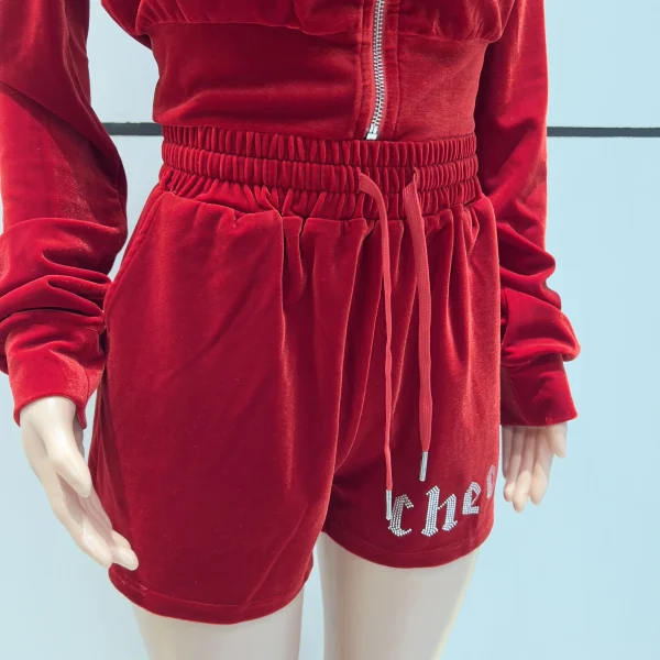 Women Set Rhinestone Embroidery Crop Zip Hoodie and Shorts Sweatpants Velvet Sweatsuit Big Bling Velour Tracksuit - Image 4