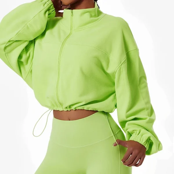 Long Sleeve Drawstring Hem Cropped Sport Jackets Top Women Zip up Stand Collar Crop Workout Sweatshirt - Image 5